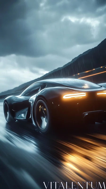 Sleek sports car on wet roadway under overcast sky at dusk.