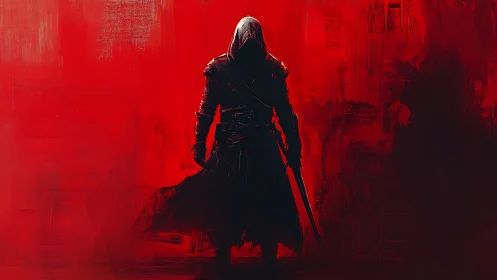 Scarlet shadows swallow a lone hooded swordsman in silence