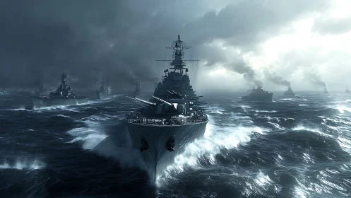 Armored battleship task force advancing through storm surge
