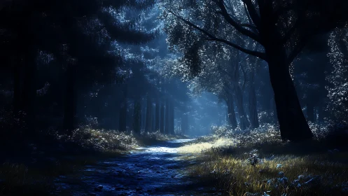 Moonlit forest path with stream and overhanging canopy