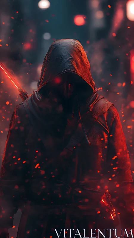 Hooded cyber assassin in ember-lit alleyway stands poised