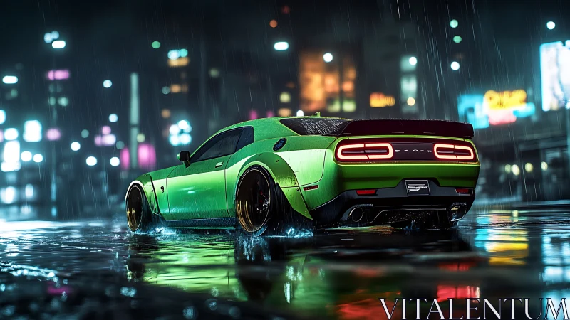 Neon-lit muscle car renders wet asphalt reflections with dynamic bokeh