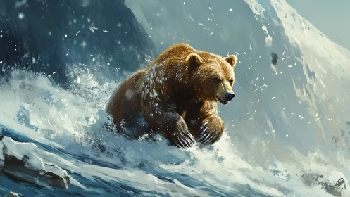 Snow-surfing grizzly rides a frozen avalanche of wild light.