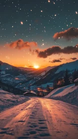 Snowy mountain road drinks in a blazing ember sunset sky