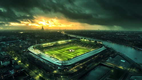 Sunset illuminates a glowing riverside football stadium in play