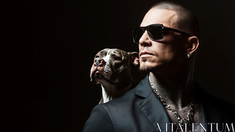 Tattooed man and loyal dog share a bold cinematic stare