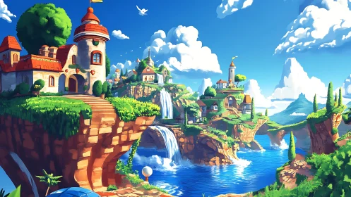 Floating island village with waterfalls under clear sky.