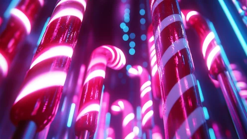 Neon candy canes glow in a sugary cyber nightscape dream.