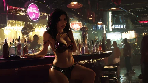 Neon-lit bar interior with stylized woman in latex outfit.