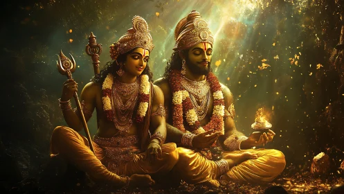 Digital painting of divine seated deities in golden chiaroscuro.