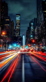Neon city avenue glowing with fast night traffic and life.