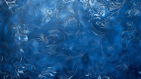 Embossed blue floral scrollwork forms glossy ornamental surface