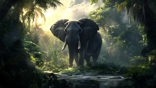 Backlit elephant stands in dense rainforest, volumetric light rays
