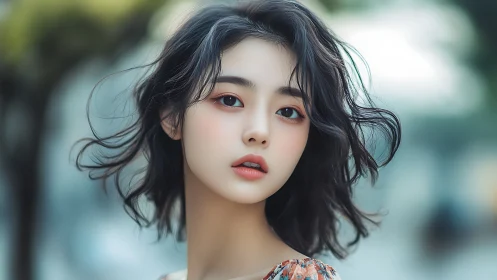 Soft-depth portrait of young woman with windswept dark hair