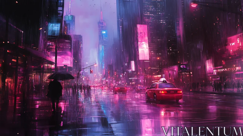 Neon rainstorm taxis through a violet soaked cyber city.