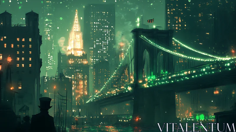 Noir city bridge at night with illuminated skyscrapers skyline.