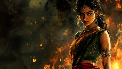 Fierce warrior woman in flames, vivid digital painting.