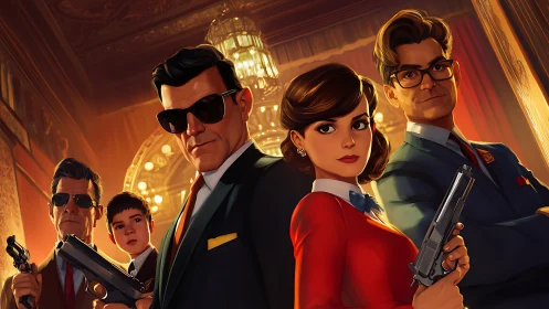 Velvet ballroom agents stand poised beneath blazing chandeliers.