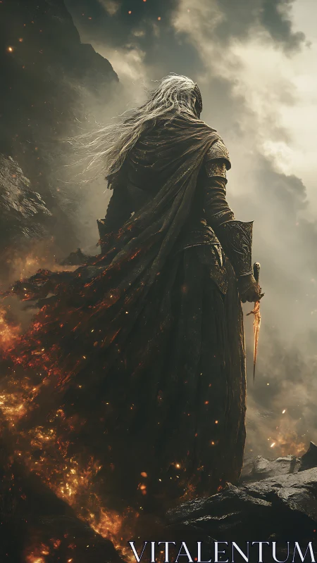 Flame‑scarred dark knight walking through volcanic ruin.