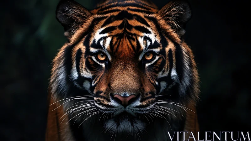 Tiger portrait captures piercing gaze in dramatic contrast.