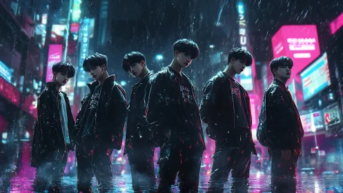 Neon-lit youth collective stands in reflective cyberpunk rain