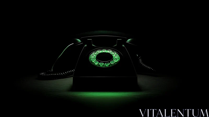 Retro rotary phone glowing green in dramatic darkness.