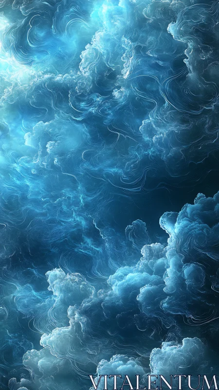 Luminous blue clouds swirl in a dreamy celestial sky