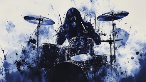 Dynamic blue monochrome painting captures intense rock drummer
