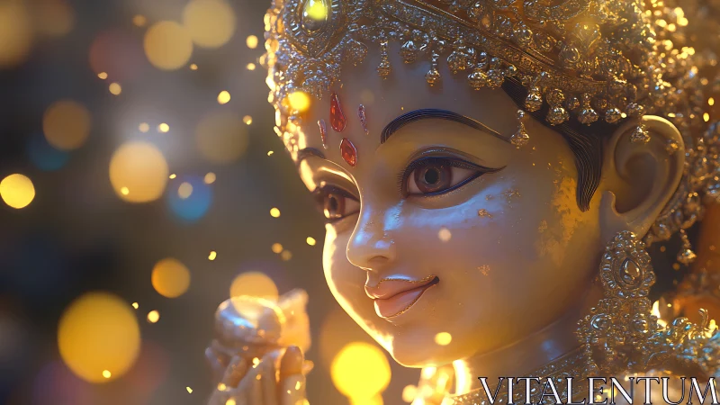 Golden deity portrait glows with warm cinematic bokeh light