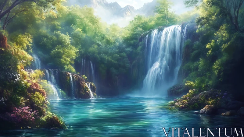 Sunlit forest waterfalls cascade into vivid turquoise pool