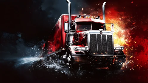 High-gloss red semi truck rendered with dynamic motion effects