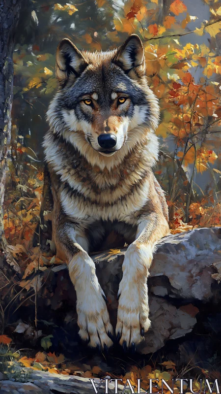 Autumn wolf portrait with golden foliage and diffused light.