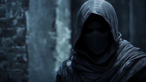 Hooded masked figure in low-key blue lighting dominates frame