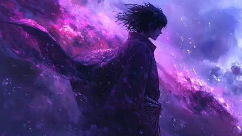Solitary anime warrior strides through swirling violet storm