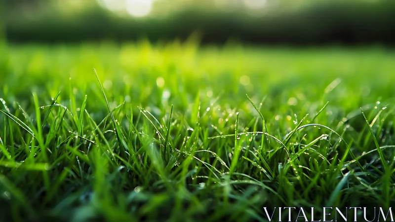 Morning dew sparkling on soft green grass in gentle light.