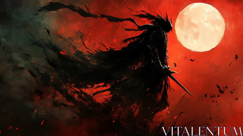 Nocturnal blade silhouette against saturated blood-red moonfield.