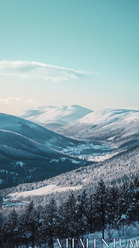 Snow covered mountain valley stretches under clear winter sky
