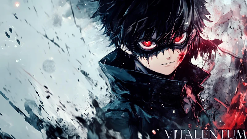 Dark anime vigilante with glowing red eyes and splatter energy.