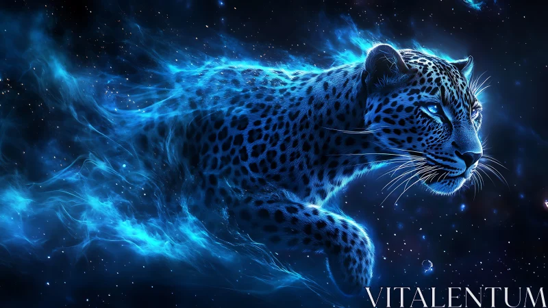 Ethereal Blue Leopard: Cosmic Energy Fusion in Digital Rendering.