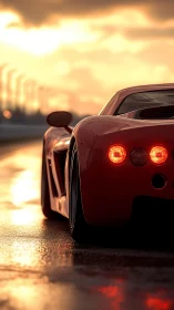 Red supercar rear profile on wet track at sunset glow.
