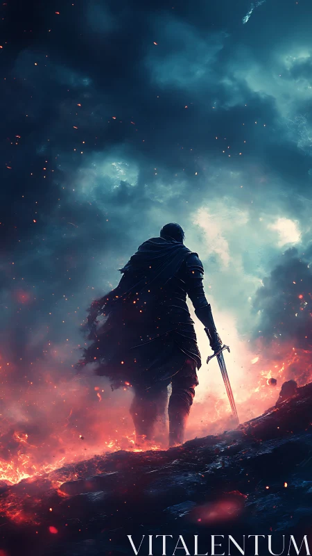 Lone ember knight striding through a storm of fire and sky.