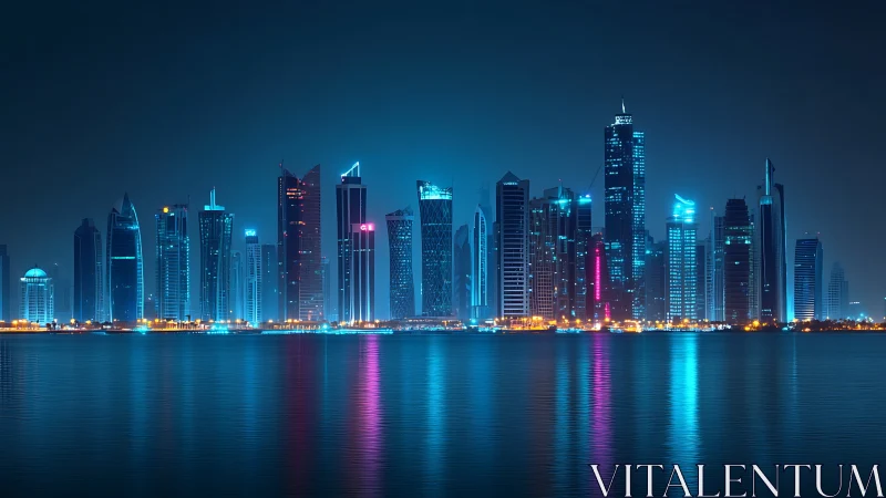 Neon lit skyscrapers form dense waterfront city skyline at night