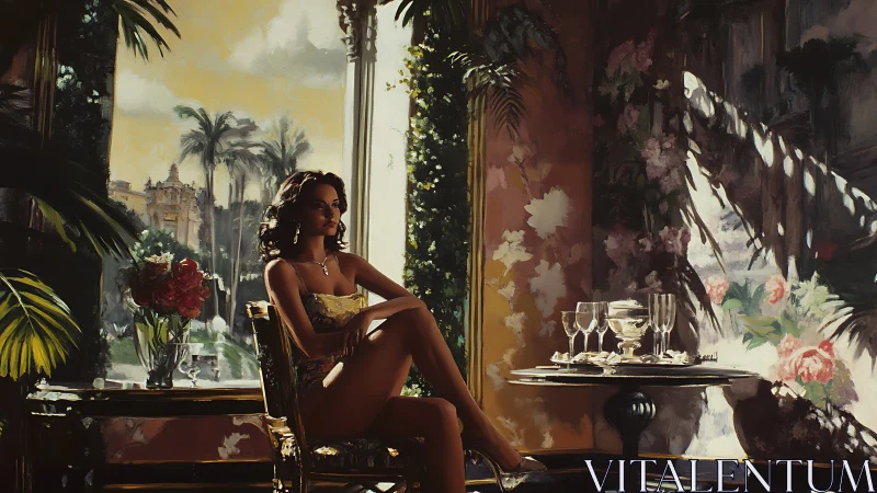 Sunlit veranda portrait balancing chiaroscuro and saturated florals