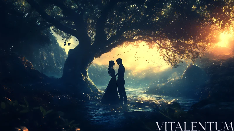 Two silhouetted figures stand in luminous cave.