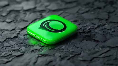 Neon green app icon on textured dark surface.