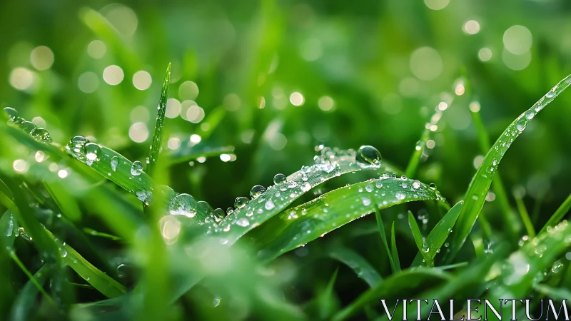 Morning dew covers vivid green grass blades in soft bokeh