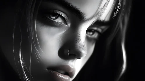 Luminous grayscale portrait captures pensive freckled gaze.