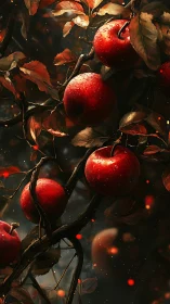 Rain-speckled red apples on twisted branches under dramatic bokeh