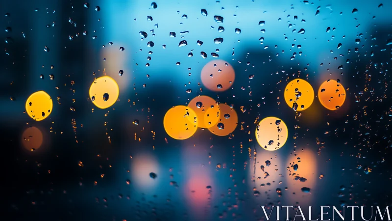 Raindrop window dreams with city lights softly glowing.