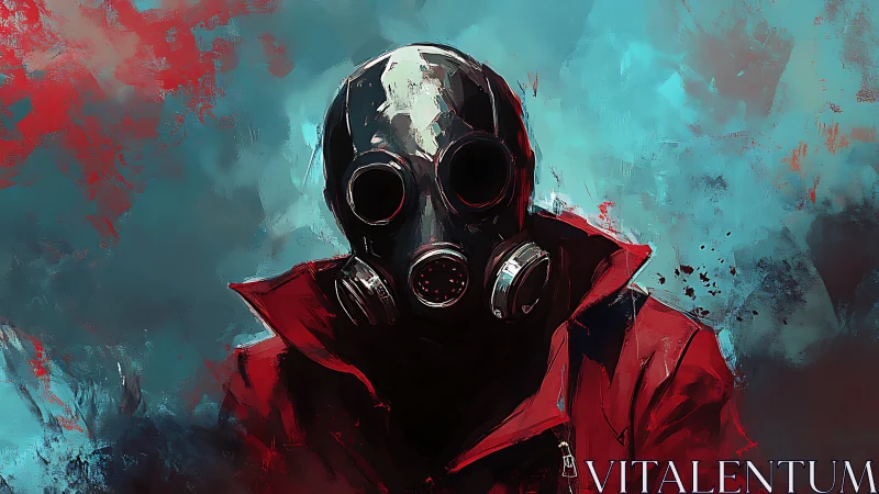 Figure in gas mask and red coat against abstract haze.